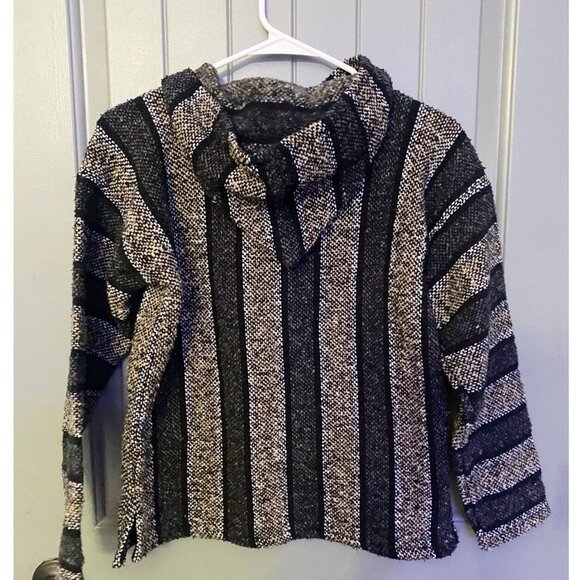 Mexican Textiles black tan BAJA HOODIE PONCHO RUG JACKET SURF Small Hooded S - Picture 5 of 6